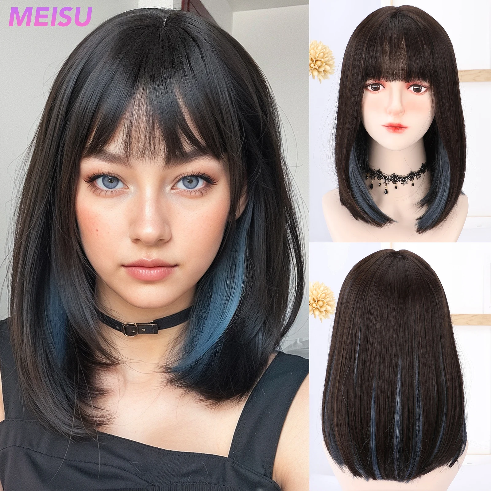 MEISU Bob 16-дюймовая черная лестница челка парик синтетический парик термостойкий без бликов натуральный Косплей ежедневное использование для женщин