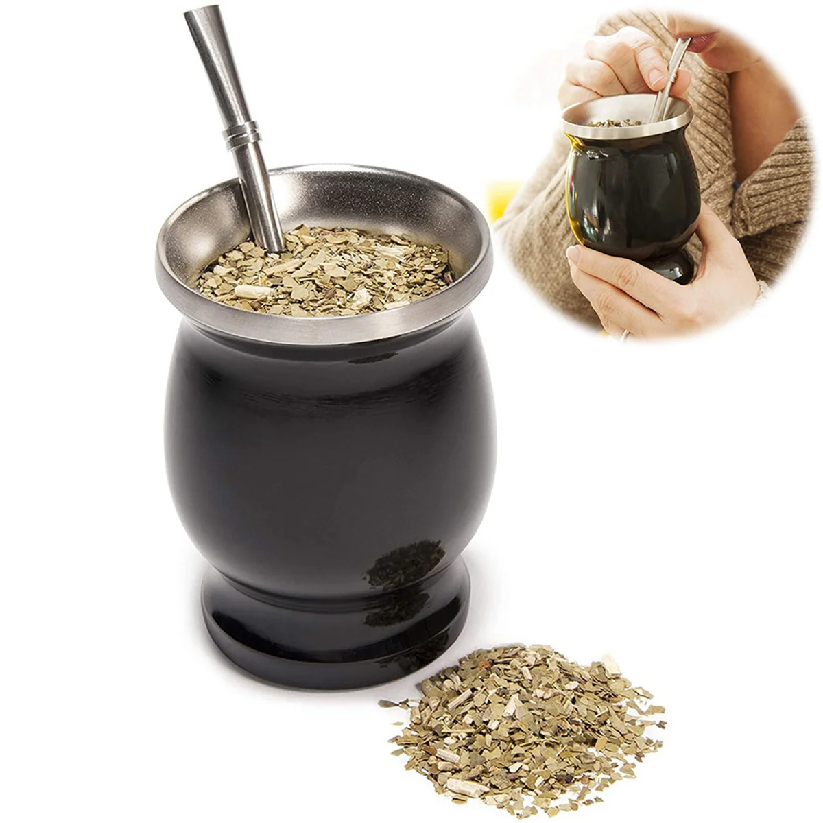 Фото Yerba Mate набор тыквы Двойная Стенка из нержавеющей стали Mate чайная чашка и Bombilla 8 унций Bombillas Yerba Mate Straw-черный №5