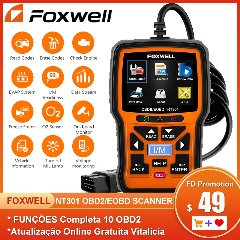 FOXWELL NT301 OBD2 сканер Профессиональный механик OBDII EOBD диагностический инструмент считыватель кодов для проверки двигателя светильник
