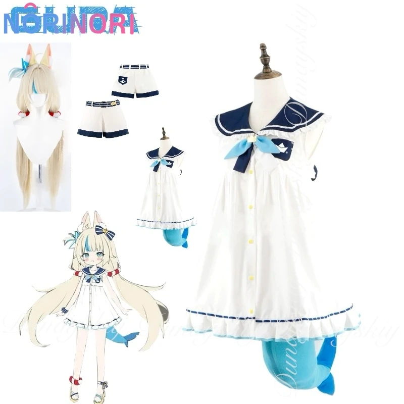 Hololive Vtuber Virtual Anchor Gawr Gura Косплей Костюм Самеко Саба Косплей Потомки Атлантиды Белое Платье Костюм Парик Набор