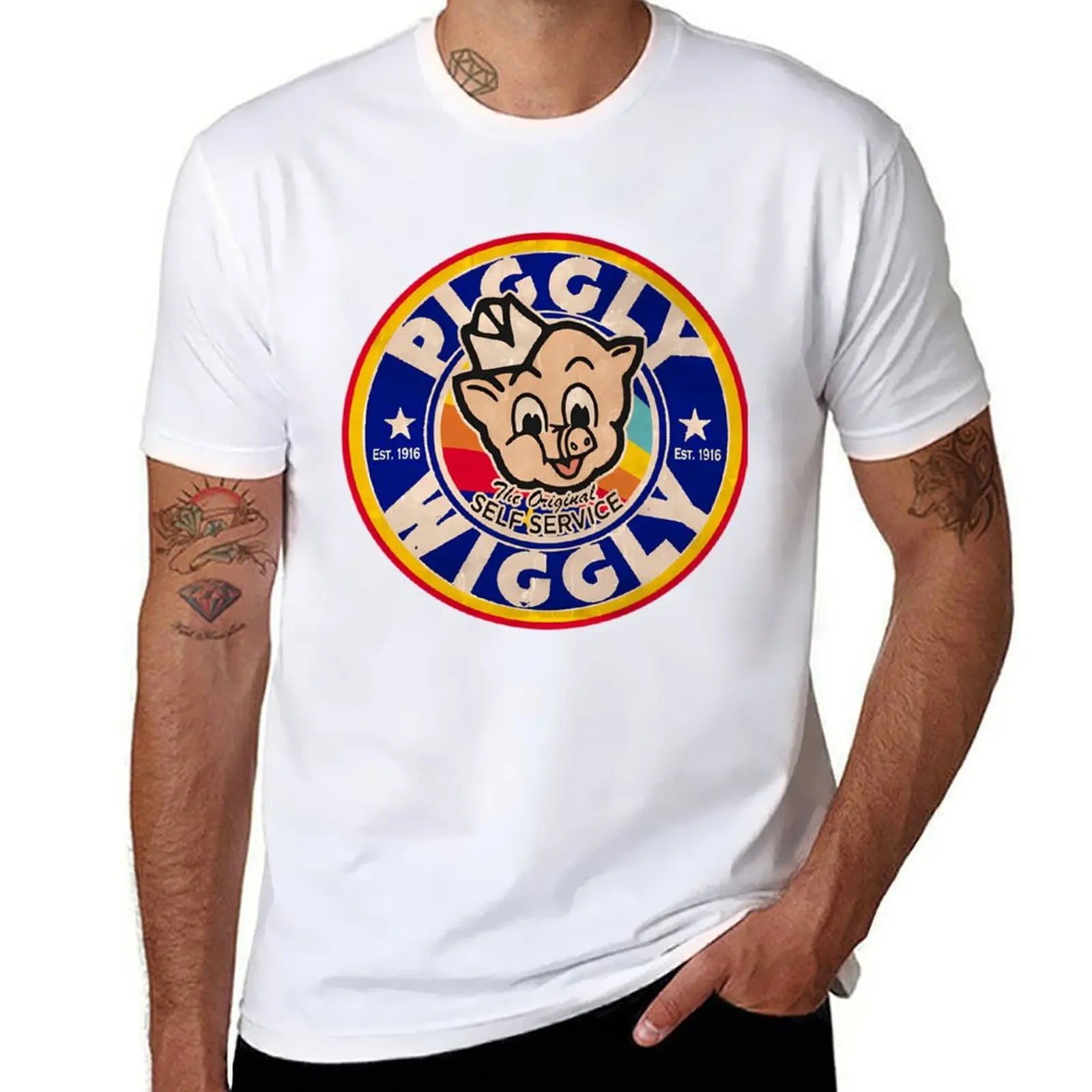 Ретро футболка Piggly Wiggly 1916, забавные футболки, хлопковые мужские футболки для мужчин, футболка