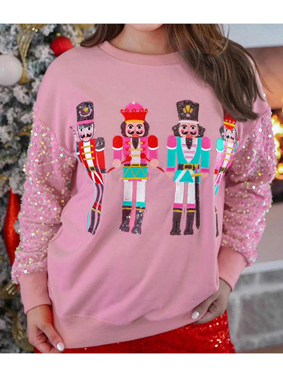 Women s Christmas Loose Pullover Sparkle Sequin Long Sleeve Crew Neck Soldier Printed Sweatshirt