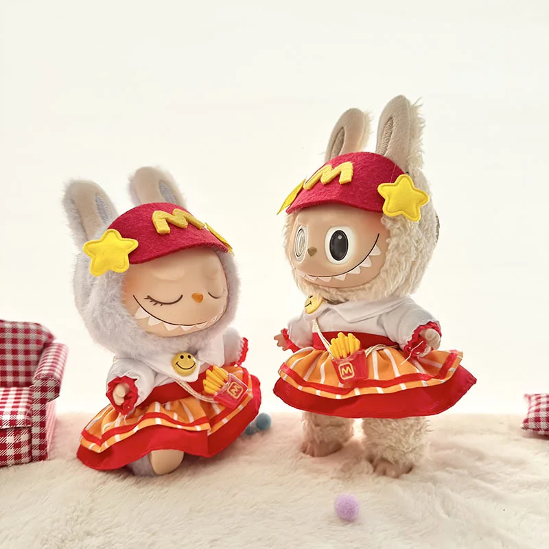 Фото Labubu 17 см, одежда, аксессуары для кукол Labubu, одежда для детей, подарок, фартук с картофелем фри и шляпа M, рабочая униформа YM02K №2