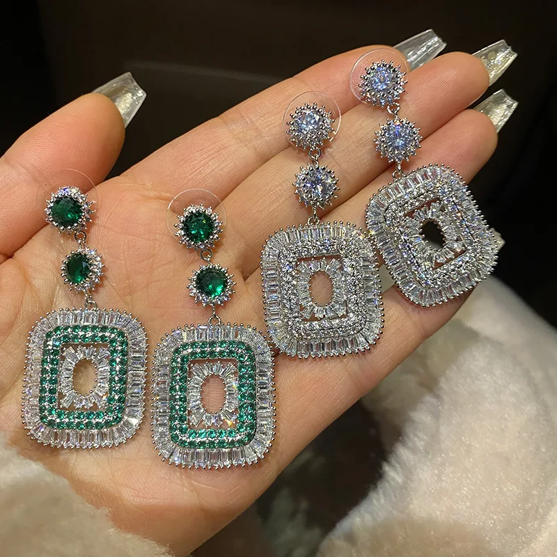 S925 Серебряные модные роскошные круглые угловые квадратные серьги с зелеными кристаллами, Женские Ювелирные изделия, подарок на Новый год 2023