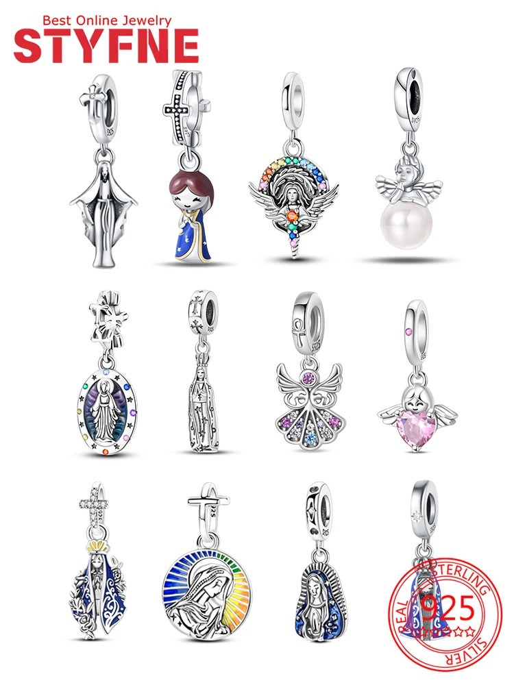 Подвески из серебра 925, розовый ангел, религиозные бусины девственницы, кулон, подходит для женщин, ювелирные изделия своими руками, подарок, оригинальный браслет, ожерелье, изготовление