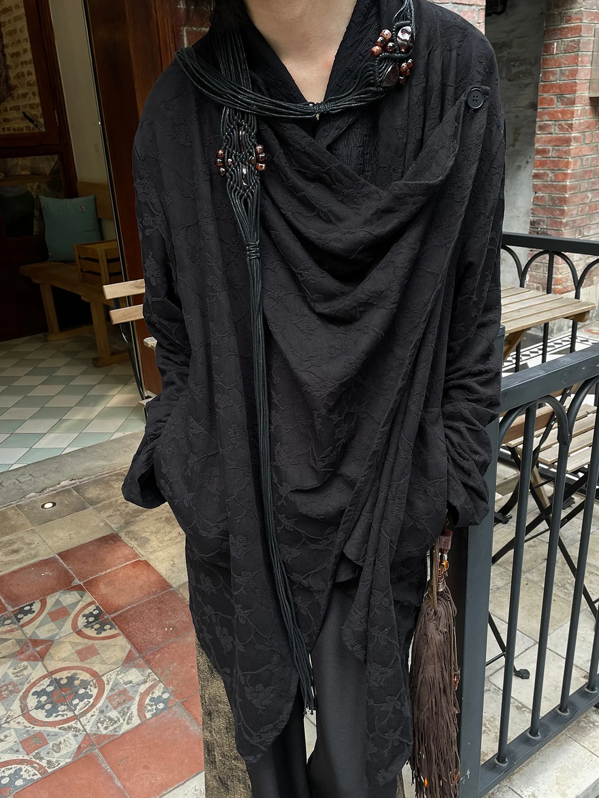 Винтажные рубашки Yamamotostyle, черная рубашка в стиле Yohji с цветочной вышивкой, рубашка с асимметричным подолом, Дизайнерская куртка
