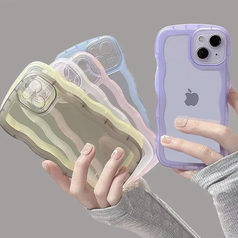 Прозрачный силиконовый чехол для iPhone 14 Plus, 13, 11, 12 Pro, XS Max, XR, X, 8, 7 Plus, прозрачный чехол карамельного цвета, бампер для телефона с изгибом и волна...