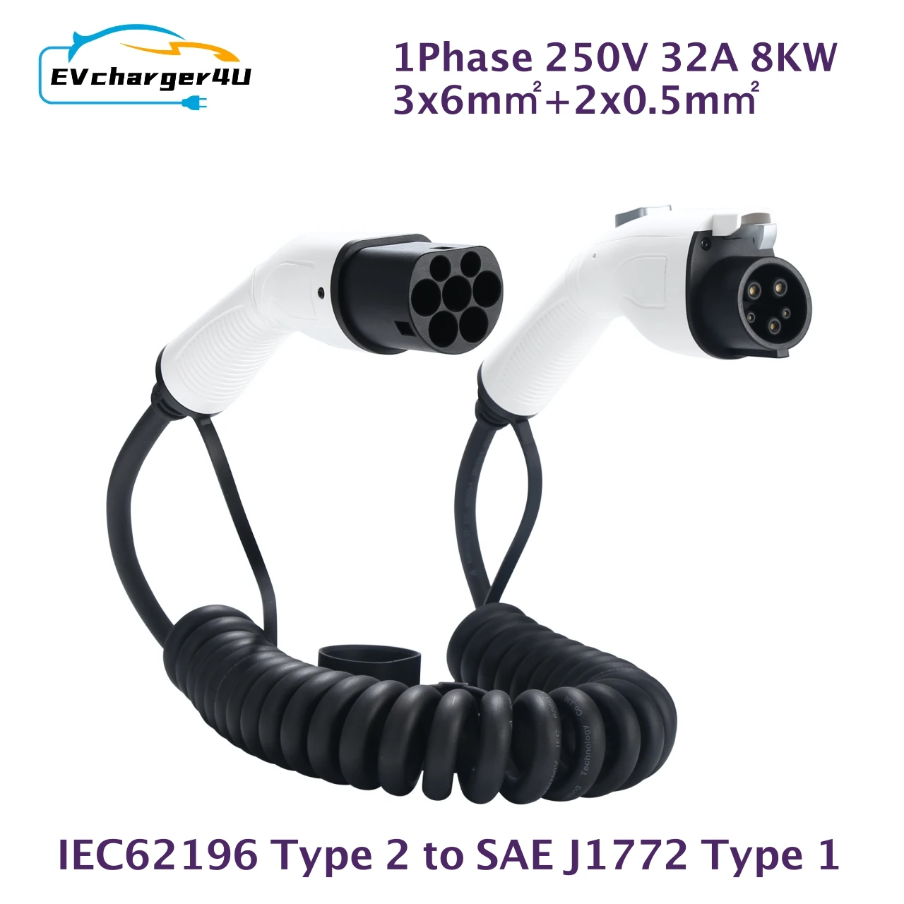 Спиральный зарядный кабель EVcharger4U IEC62196 Тип 2-J1772 тип 1 EV, 1 фаза, 32 А, 8 кВт Тип 2-тип 1, спиральный для электромобиля