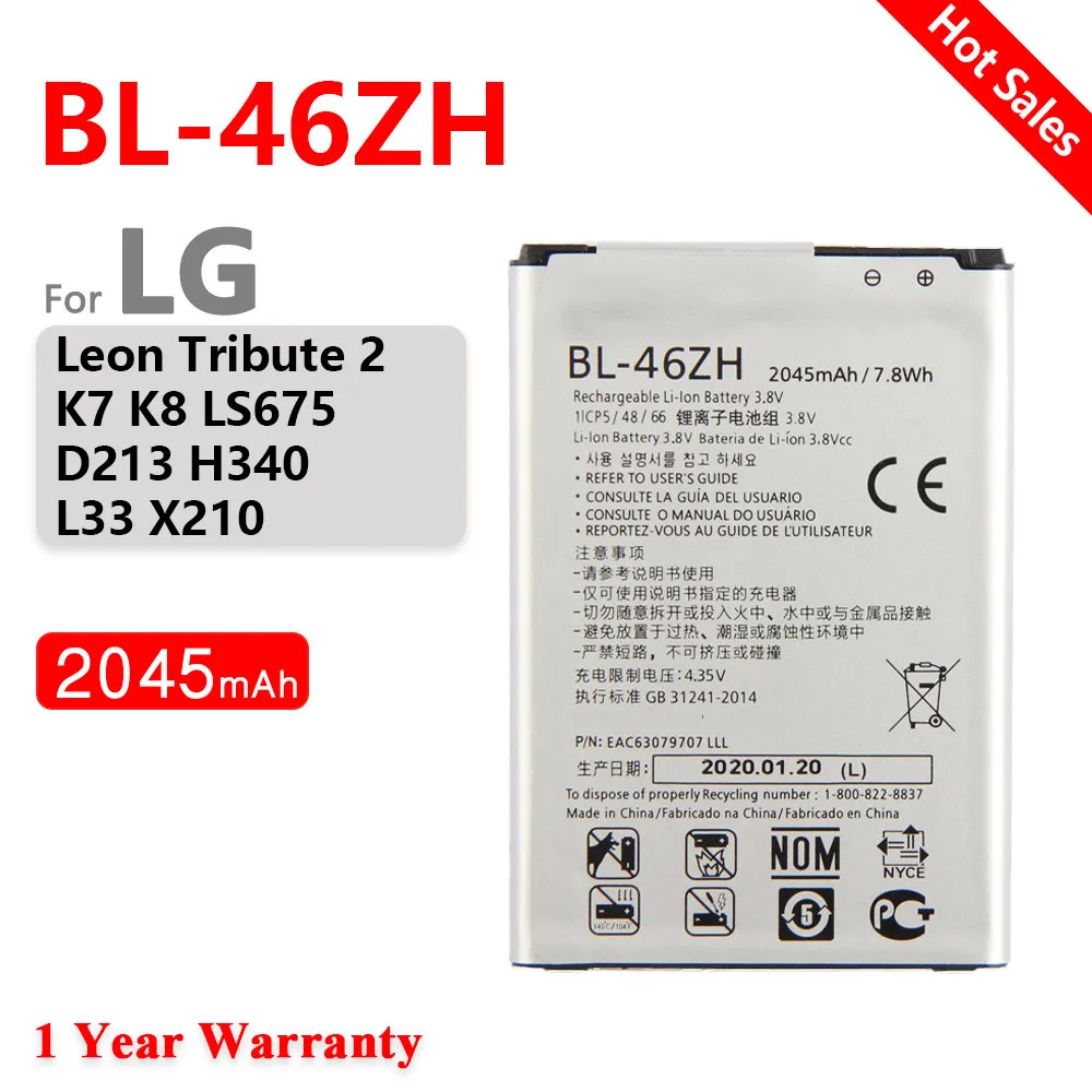 100% оригинальный аккумулятор BL-46ZH емкостью 2045 мАч для телефона Lg K7 K8 Tribute 5 AS330 K332 K350N K371 K373 K8V K89 LS675 LS
