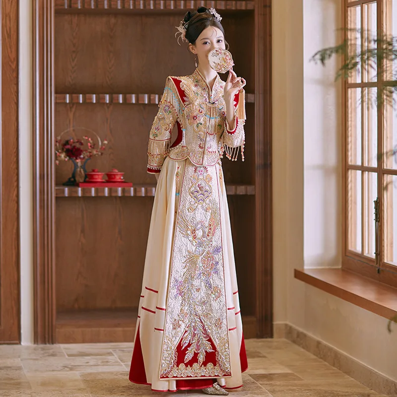 Фото Винтажное свадебное платье цвета шампанского Xiuhe Qipao с вышивкой потрясающая одежда традиционное китайское платье женский элегантный тонкий костюм Тан №5