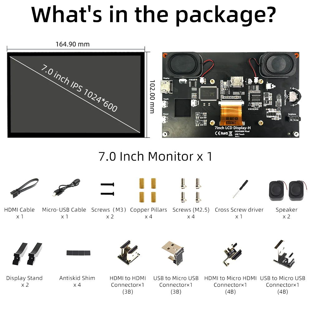 Raspberry Pi 5 7-дюймовый сенсорный экран IPS 1024x600 HD ЖК-дисплей HDMI для Raspberry Pi 4B 3B + OPI 5 AIDA64 ПК (art.: 3920cae33286a) - 3920cae33286a