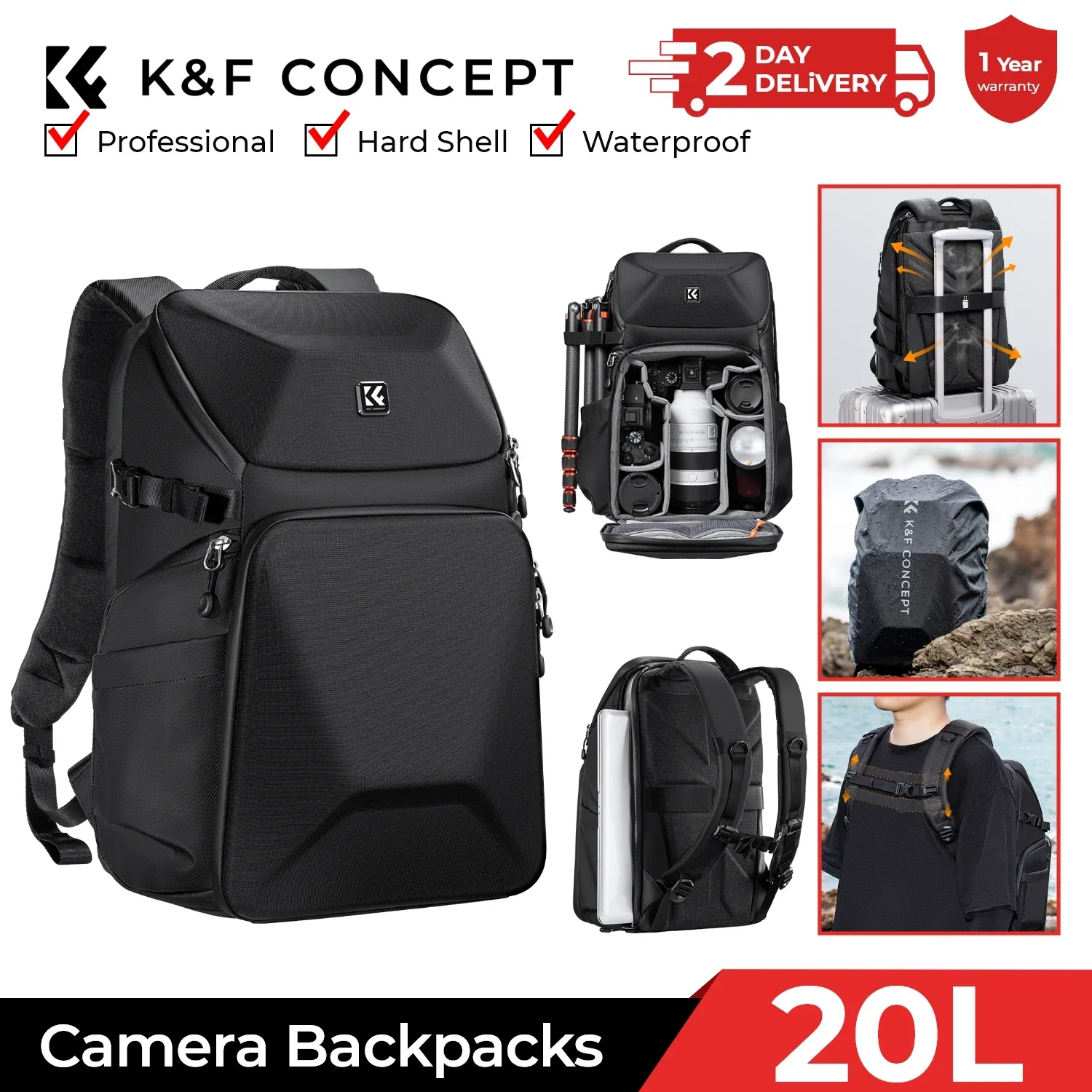 Рюкзак для камеры K&F Concept, 20 л, водонепроницаемый передний корпус, 15,6-дюймовый чехол для ноутбука/штатива, противоударная сумка для фотокамеры