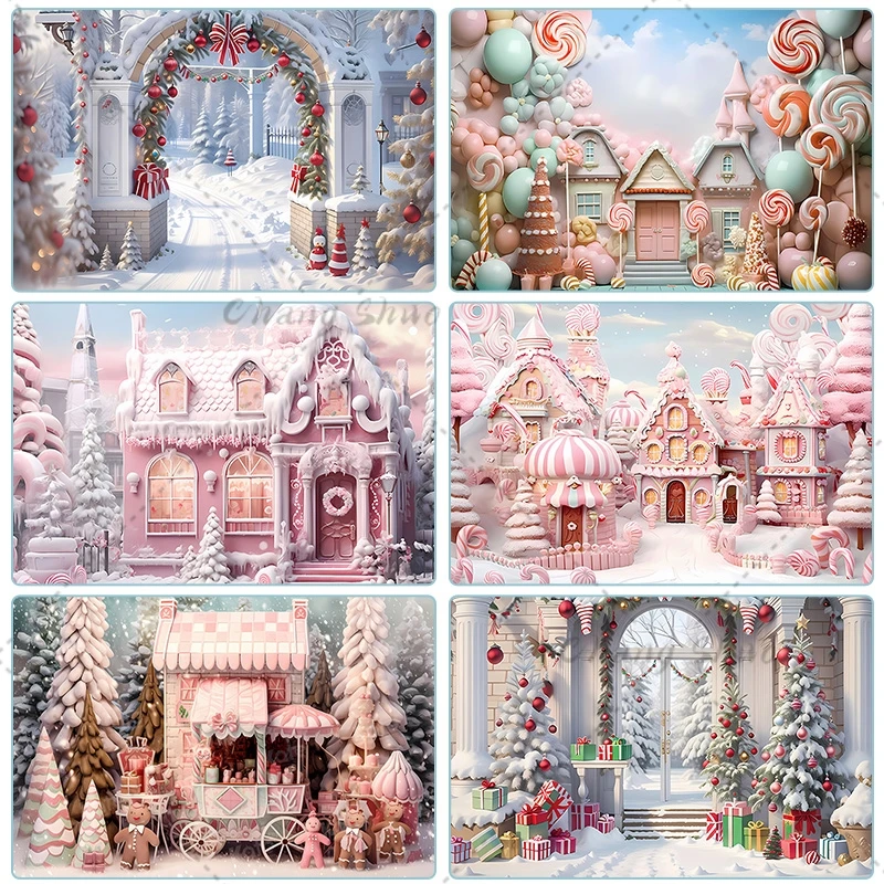 Новинка Fundo De Fotografia De Natal Rosa Neve De Inverno Loja De Doces Pinheiro Fundo De Fam Wee Bandeira De Parede Cartaz