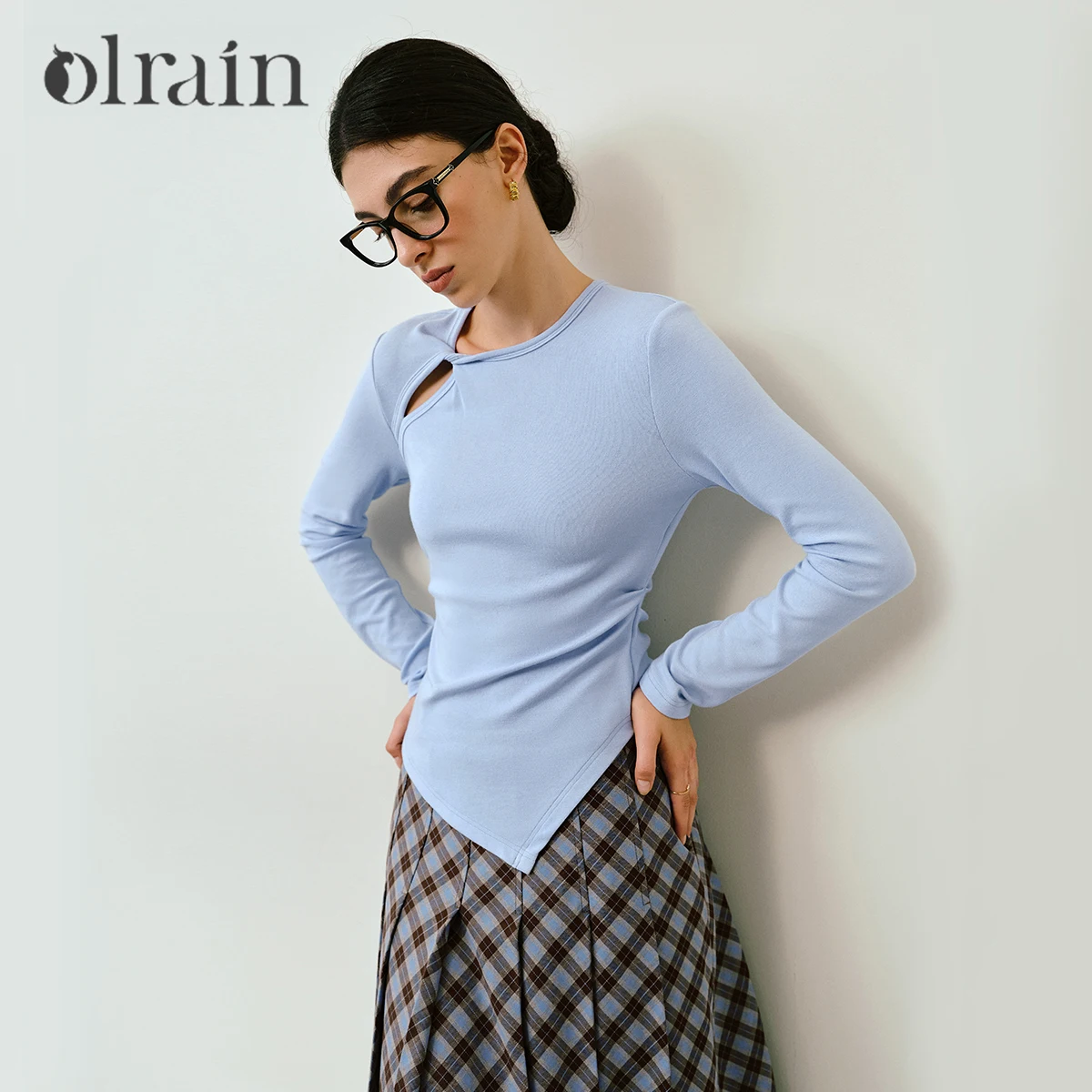 Французские женские футболки OLrain, осень 202, светло-голубые вязаные облегающие топы с круглым вырезом, ленивая женская одежда O57QT000369