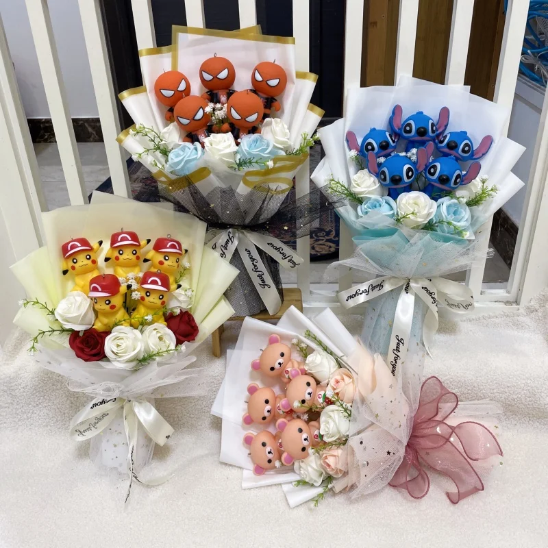 Виниловая кукла с героями мультфильмов, стежка Rilakkuma Winnie, фигурки с искусственным букетом цветов, подарки на Рождество, День Святого Валентина, день рождения