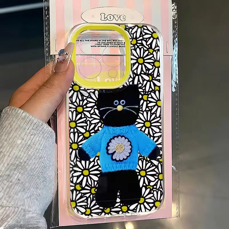 Чехол для телефона Ins Korean Cat Little Daisy для iPhone 16 16e 15 14 13 12 11Pro Max X XR XS 7 8 15 16 14 Plus, прозрачный мягкий чехол из ТПУ