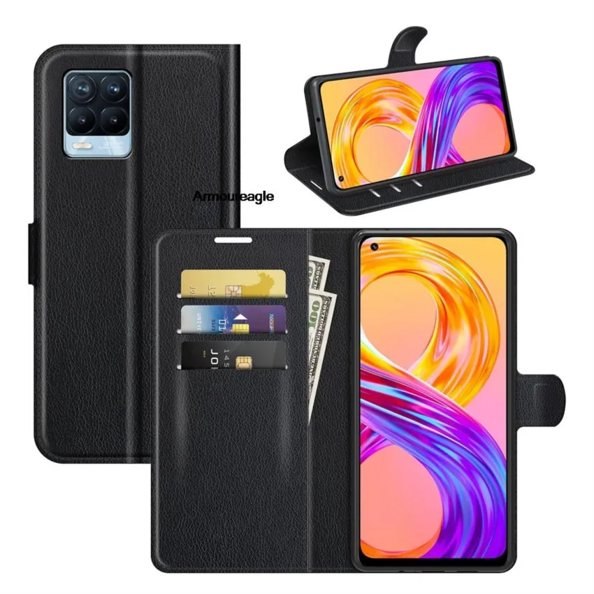 Чехол Защита для oppo realme 8 (4g ver. 3085 дюйма) rmx3085 realme8 Чехол-бумажник с откидной крышкой в виде книжки для карт кожаный черный r3085 rmx