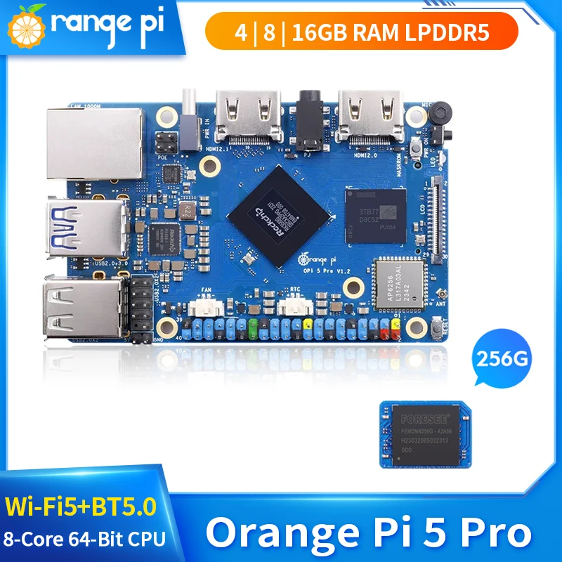 Мини-ПК Orange Pi 5 Pro 16 8 4 Гб ОЗУ LPDDR5 Rockchip RK3588S гигабитный Ethernet Wi-Fi 5 + BT5.0 256 ГБ eMMC