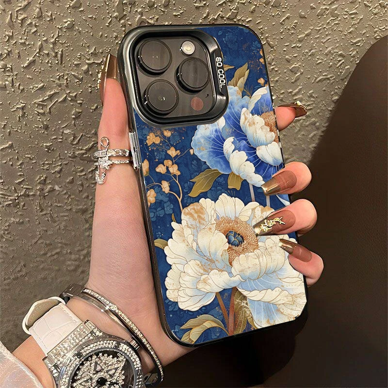 Фото Роскошный розовый чехол для телефона с цветком розы для iPhone 16 Plus 14 15 Pro Max 11 12 13 Mini модный синий белый цветочный Твердый чехол Fundas №2