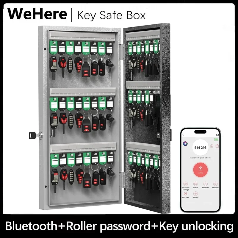 Настенное крепление WeHere Smart Key Lock Box, шкаф для 48 клавиш с Bluetooth, 5-стороннее приложение для разблокировки, настраиваемые пароли, органайзер для ключей