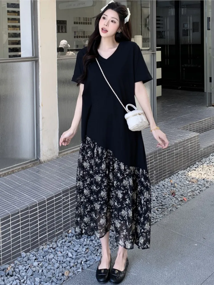 Фото Новое летнее корейское женское платье Vestidos Robe Elbise, свободное платье больших размеров в стиле пэчворк, две искусственные детали, длинное платье с короткими рукавами №3