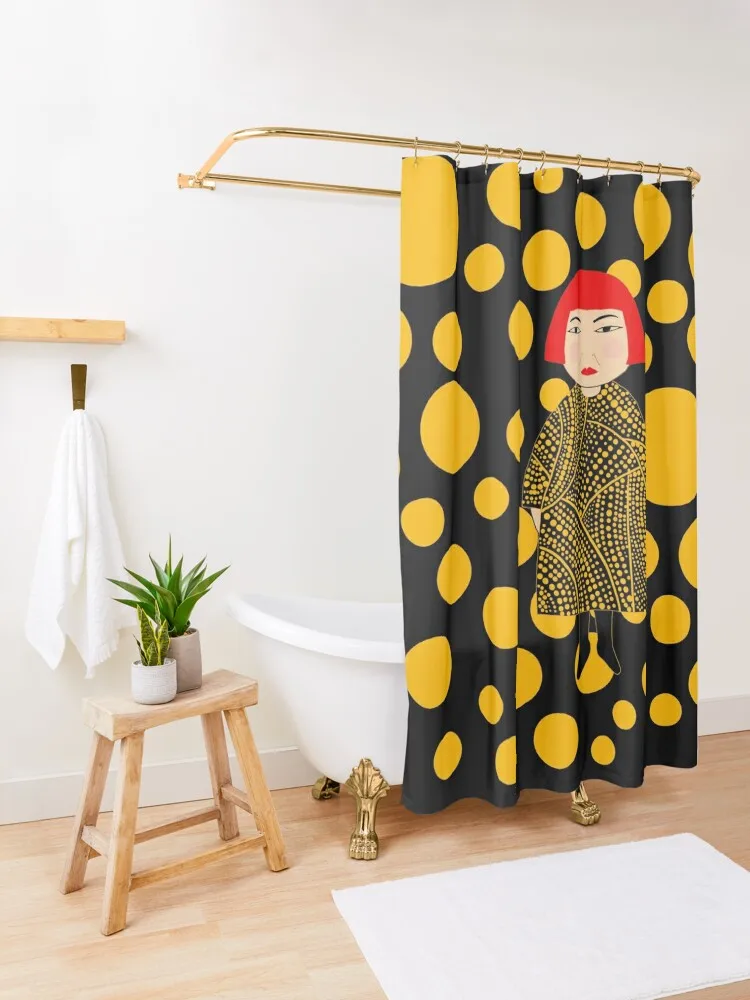 Фото Занавеска для душа в стиле Yayoi Kusama с желтыми точками в ванной, занавеска для душа и ванны №3