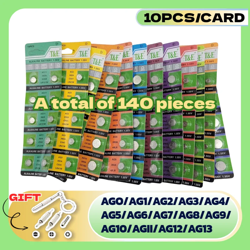 140 шт. AG0 AG1 AG2 AG3 AG4 AG5 AG6 AG7 AG8 AG9 AG10 AG11 AG12 AG13 Батарейки-таблетки 1,5 В Щелочные батарейки для часов