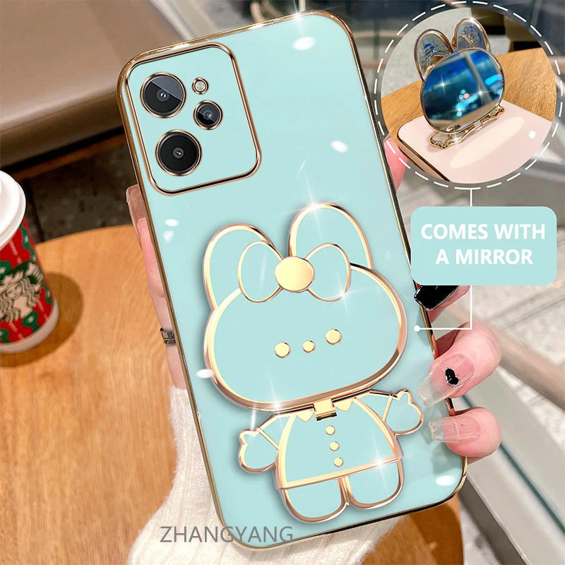 Детали для Realme 10 Realme 10 Pro, гальванизированные, с прямыми краями, силиконовые детали, милый 3D кролик со встроенным зеркалом для защиты от повреждений