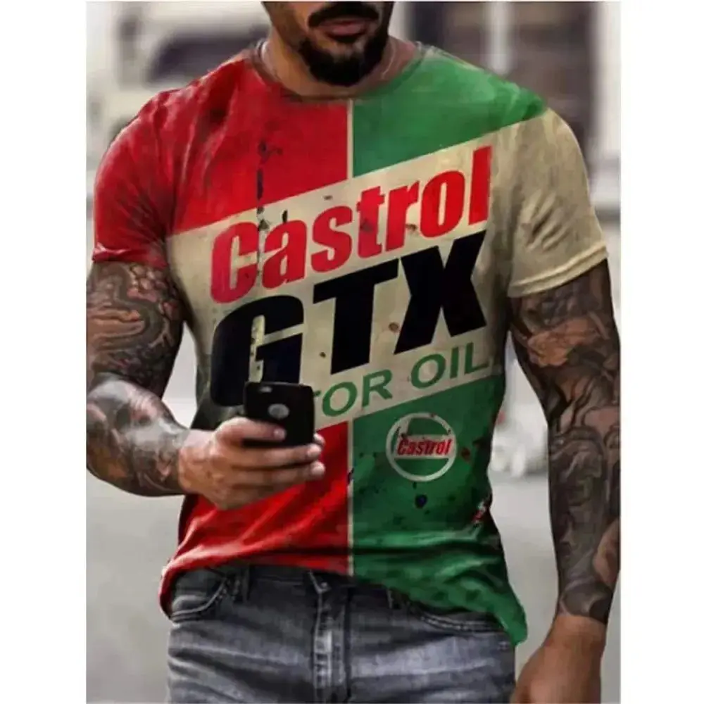 Винтажная Футболка Castrol для мужчин, 3d масляный принт, топы с коротким рукавом, уличные мужские футболки с круглым вырезом, футболка оверсайз, мужская одежда