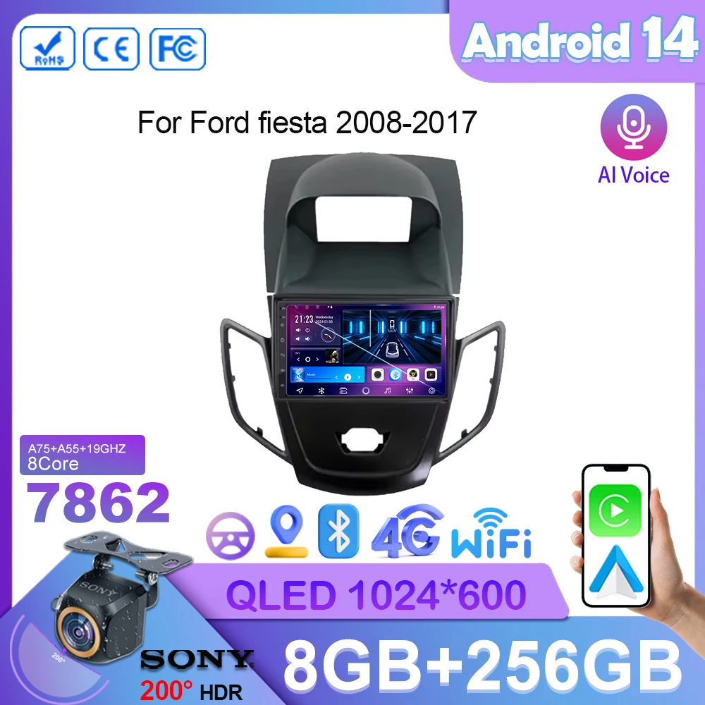Автомобильный радиоприемник Android 14 для Ford fiesta 2008-2017, стерео мультимедийный плеер, GPS-навигация, DSP, беспроводной, для Carplay, задний экран, Wi-Fi, 2din