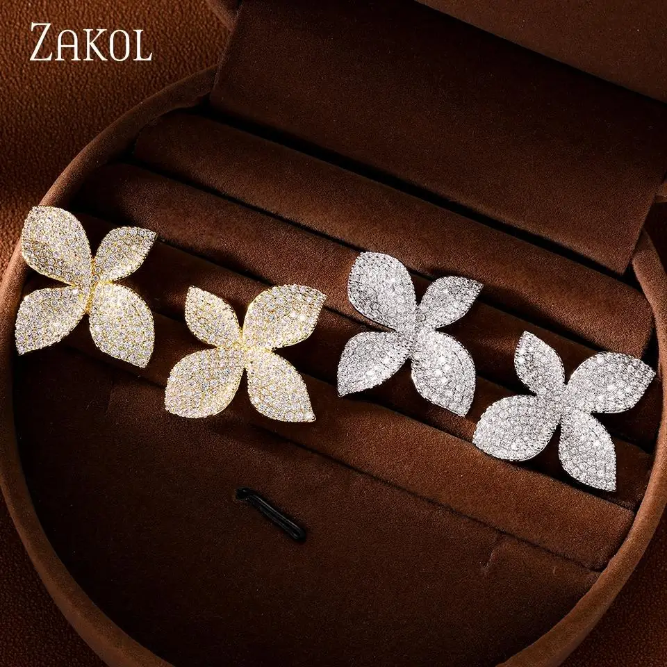 Фото ZAKOL простые темпераментные серьги-гвоздики с кубическим цирконием, медный микронабор, дизайн лепестков, повседневные вечерние ювелирные изделия, подарок для женщин и девочек №4
