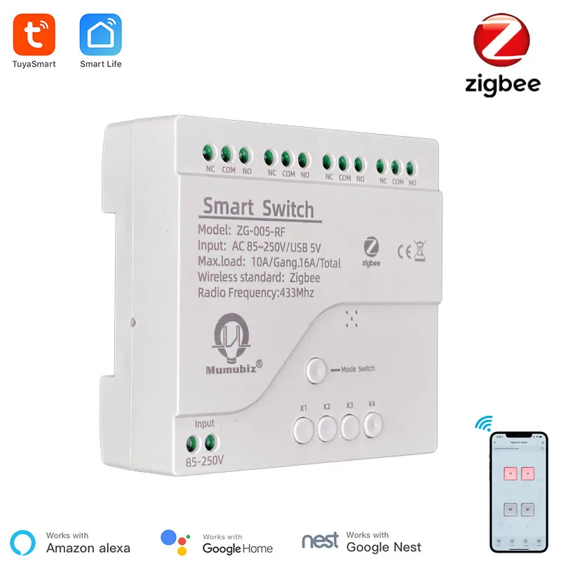 Смарт-переключатель Tuya Zigbee, 220 В, 4-канальный, работает с Alexa Home Assistant