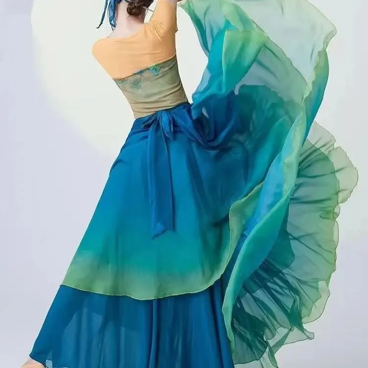 Женская струящаяся макси-юбка Hanfu 720 градусов, тренировочный костюм для танцев, широкие шифоновые брюки, градиентный зеленый, желтый костюм, классический
