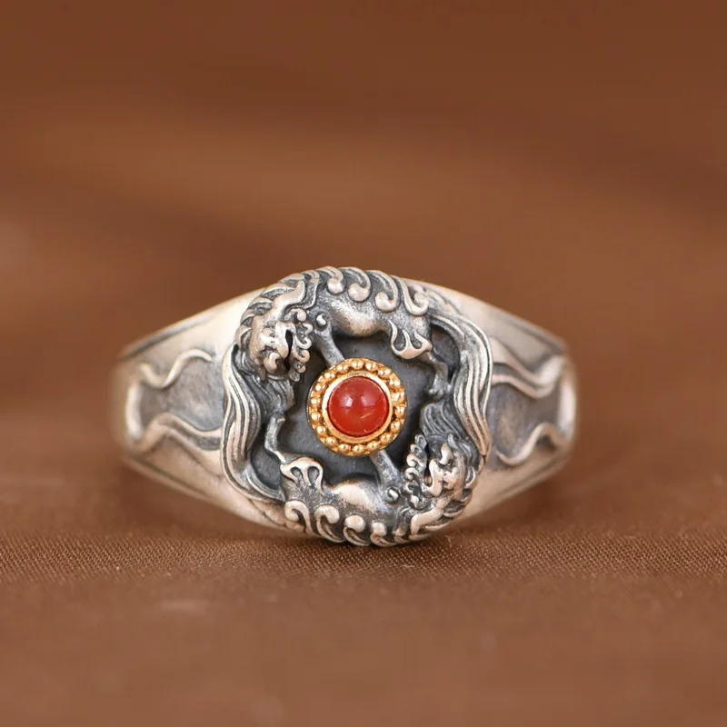 Серебряное кольцо S925, винтажное этническое вращающееся открытое кольцо со снежным львом, мистический талисман с животными, ювелирное изделие, подарок для мужчин и женщин