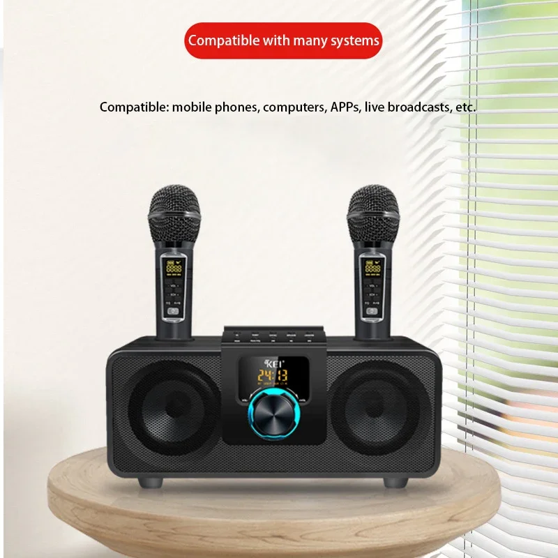 Фото Bluetooth-Колонка K08 для Домашнего Караоке под дерево, двойной беспроводной микрофон, FM-радио, TF-карта, USB, сабвуфер, музыкальный центр, аудио №4