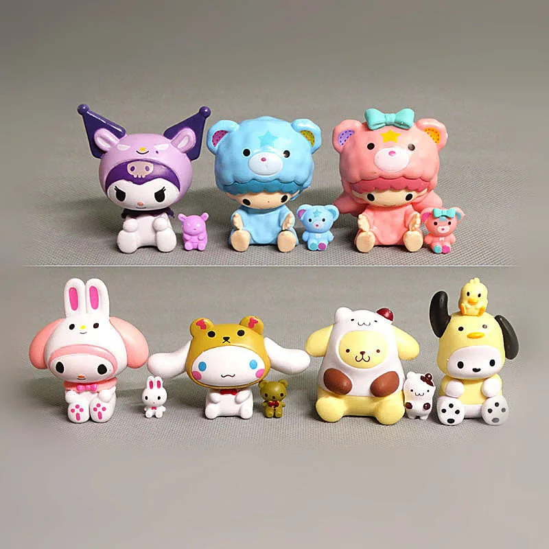 Экшн-фигурки My Melody Kuromi Cinnamoroll Pompompurin, милые Мультяшные аниме игрушки 4-7 см, 7 шт./набор