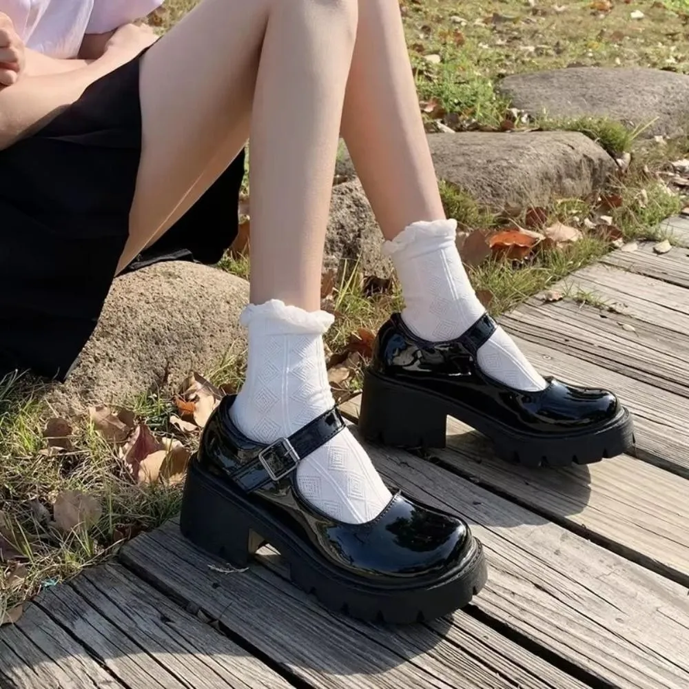 Mary Janes Lolita JK Кожаные туфли из искусственной кожи с пряжкой на щиколотке Повседневные одинарные туфли Глянцевая/матовая платформа Черные туфли на высоком каблуке Женские туфли