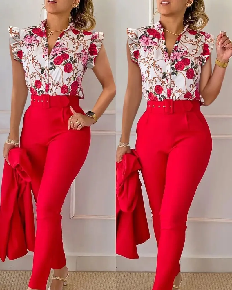 Elegancka moda damska z nadrukiem w kształcie liści lotosu, rękawy z dekoltem w szpic, zapinany na guziki, damskie spodnie w jednolitym kolorze z wysokim stanem, 2-częściowy zestaw z paskiem