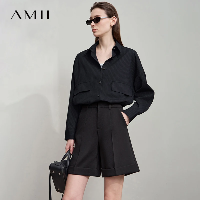 Фото AMII минималистичные осенние топы с длинными рукавами, мода 2025 года, ультра свободные повседневные рубашки в тонкую полоску средней длины, неэластичные 12553032 №3