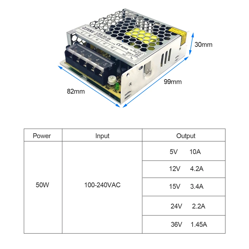 ZJIVNV LRS-50 импульсный источник питания AC в DC 12V 4.2A 24V 2.2A одинарный выходной источник питания LRS-50-12