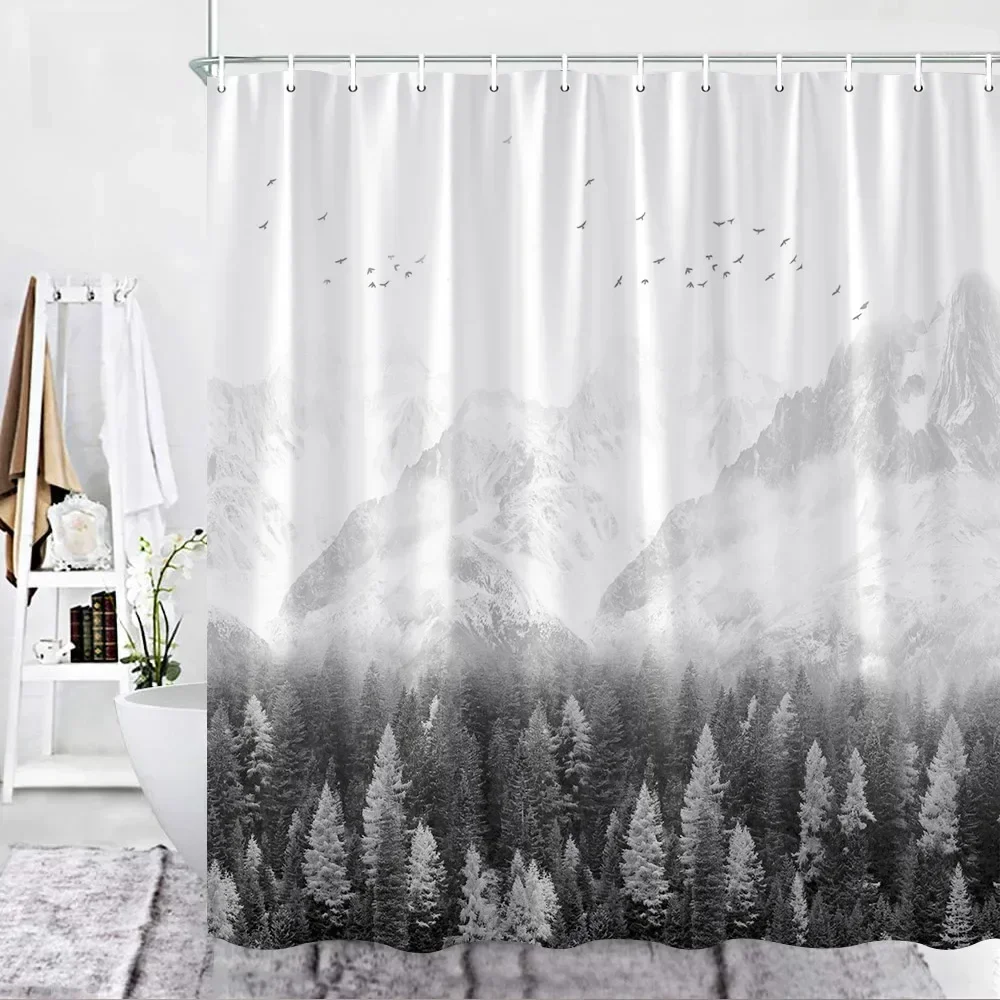 Rideau de douche naturel HODecor, гри, blanc, montagnes, oiseaux, дляêt enrichie, оплата, ткань lavable Товары для дома