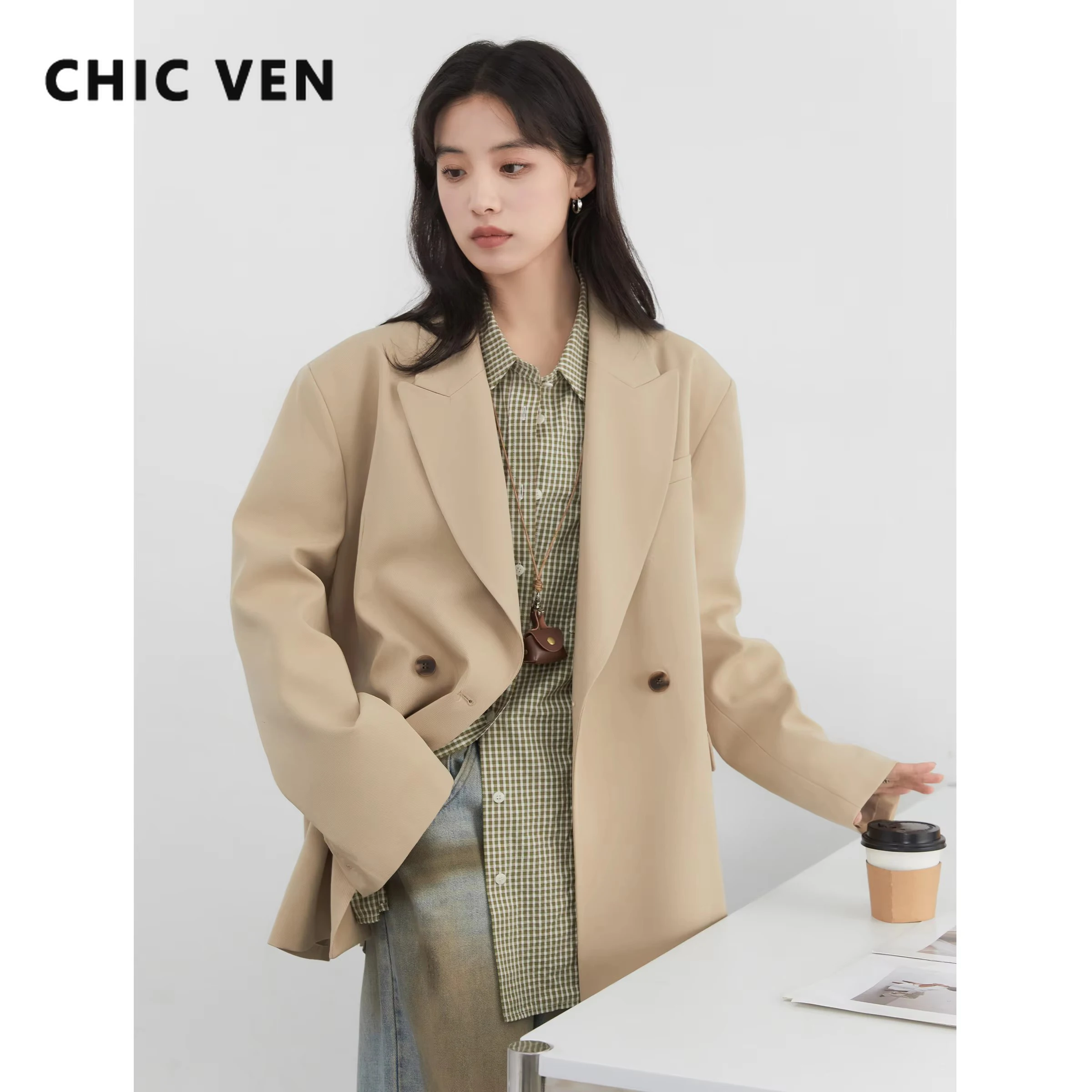 Женские пиджаки CHIC VEN, однотонные свободные двубортные офисные женские куртки с широкими плечами, женское пальто, весна-осень 2025
