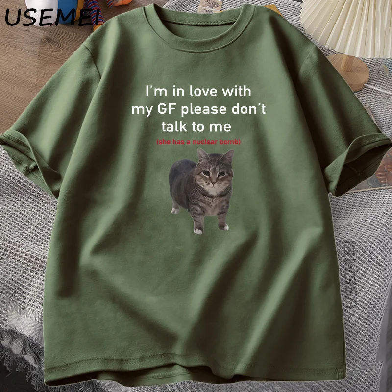 Фото Футболки с забавным котом «Я в любви с моим GF», хлопковая свободная футболка большого размера с круглым вырезом для бойфренда, мужская футболка с короткими рукавами, футболки для пар №4