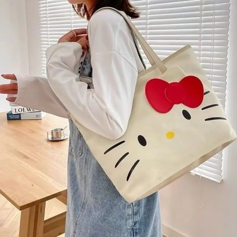 Sanrios мультфильм Hello Kitty Холщовая Сумка Новая Kawaii Женская Kt Большая вместительная сумка милая сумка через плечо подарок для студенток
