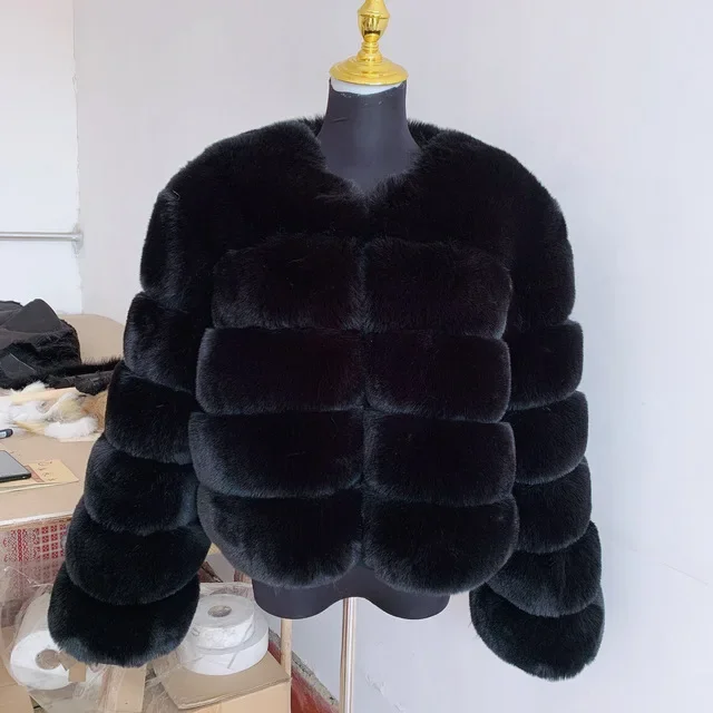 Фото Пальто женские из искусственного меха лисы короткое пальто толстое теплое с круглым вырезом макси с открытой строчкой элегантные рабочие куртки осенне-зимняя куртка №4