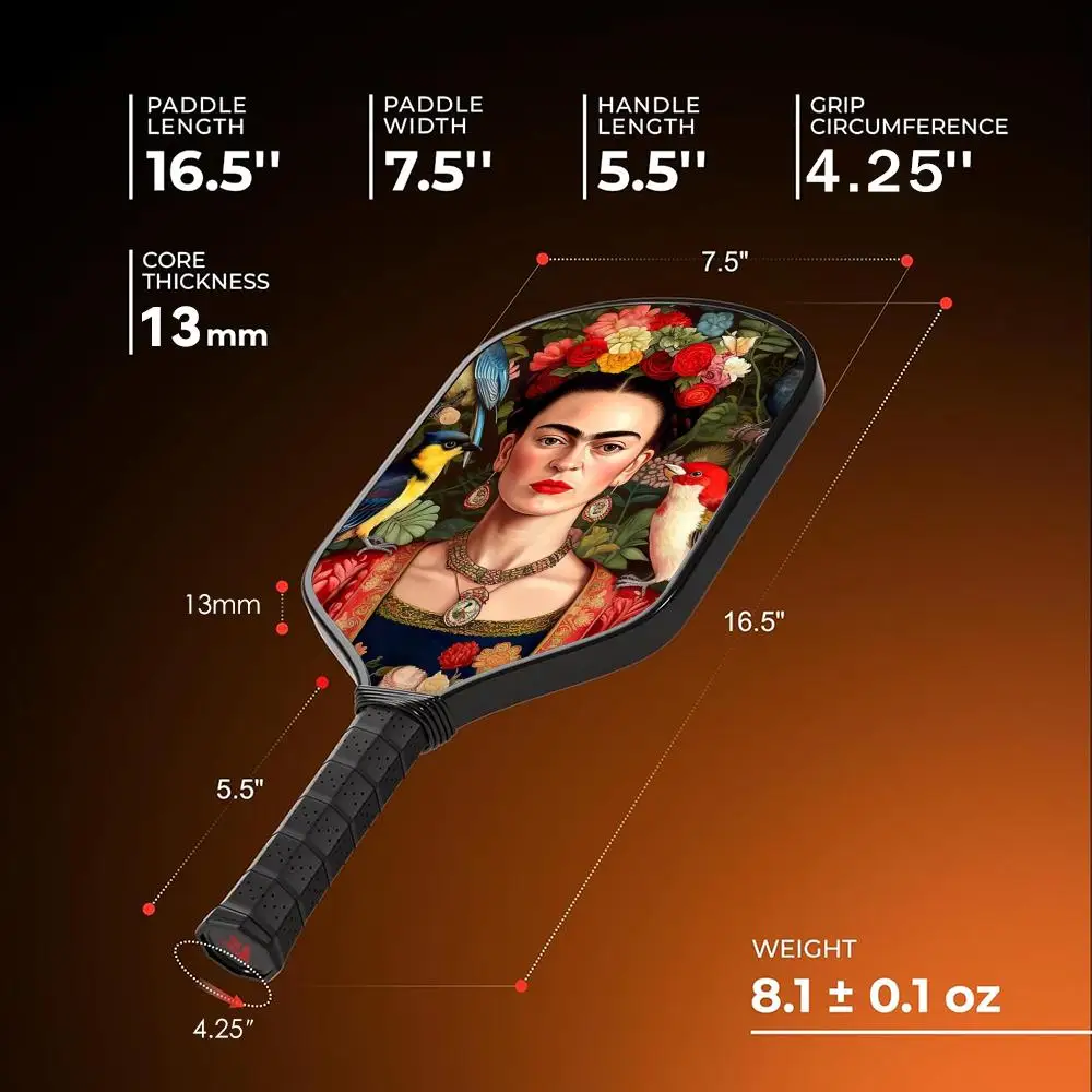 Artist F-Frida K-Kahlo Pickleball Paddle Легкая стекловолоконная 13 мм сотовый сердечник Прочная ракетка с лентой для захвата сумки (art.: 3920d1a17276d) - 3920d1a17276d