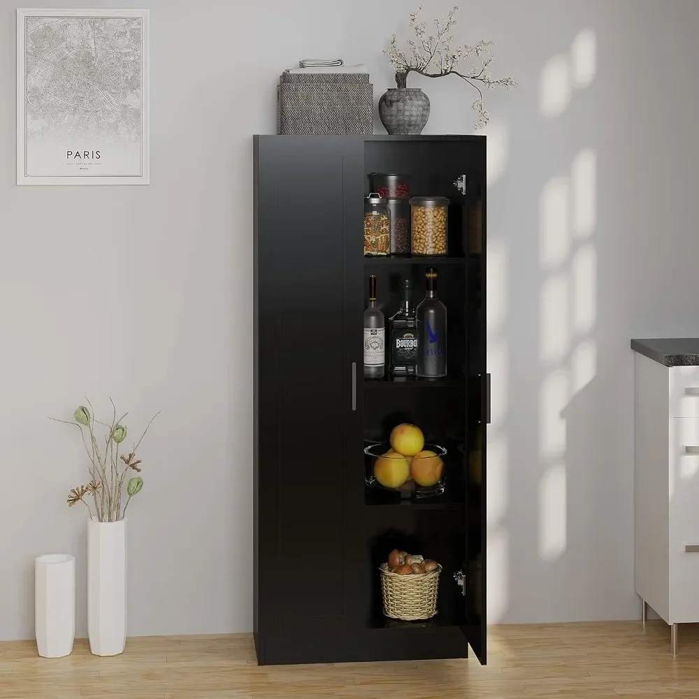 Деревянный шкаф для хранения Panana, узкие шкафы для кладовой, отдельно стоящий высокий шкаф для хранения с 2-мя дверцами и полками (черный)