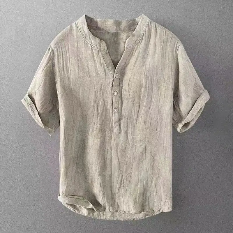 Vintage Wrinkled Short Sleeve Shirts For Men Summer Loose Fit Stand Collar Pullover Breathable Cotton Linen Casual Tops
