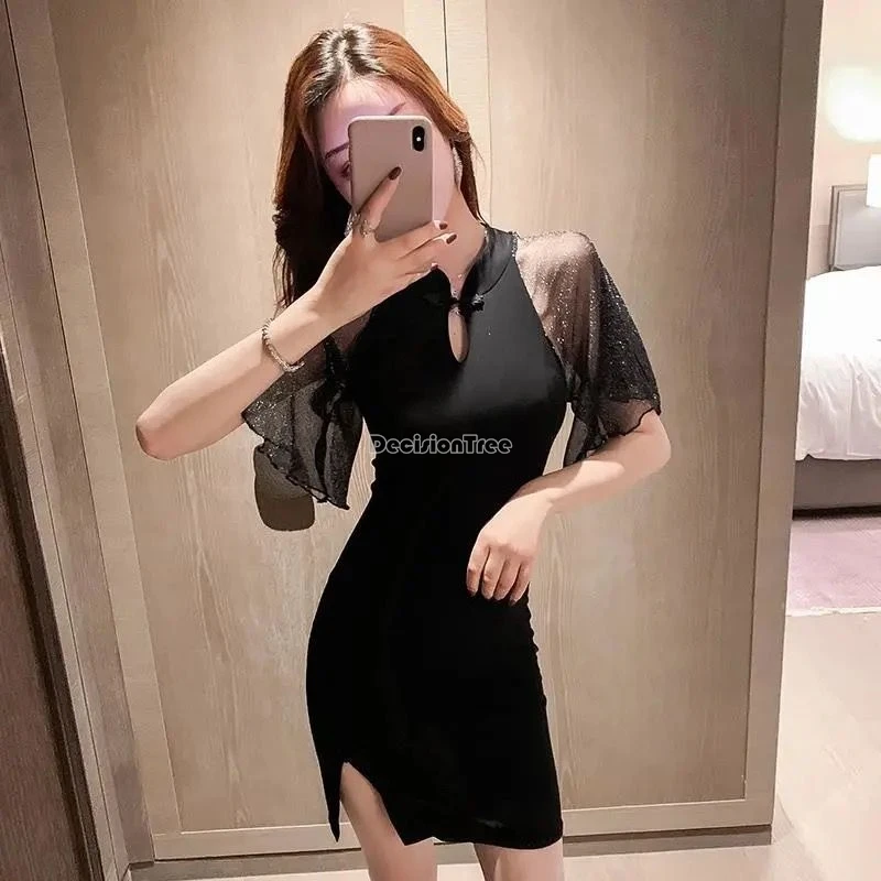 Новинка 2023 года, летнее улучшенное платье Cheongsam в китайском стиле с рукавами в виде листьев лотоса, воротник-стойка, кружевное ретро-сексуальное женское платье Ципао