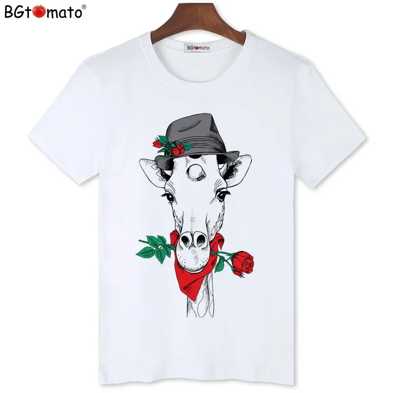 Фото Модная мужская футболка BGtomato с коротким рукавом, принтом жирафа, черной розы, мужские крутые топы с круглым вырезом №2